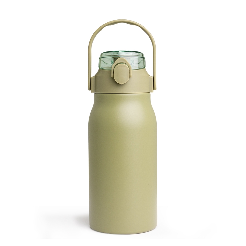 Garrafa térmica 1 litro com tampa de botão na cor Verde, personalizada com a logo da empresa