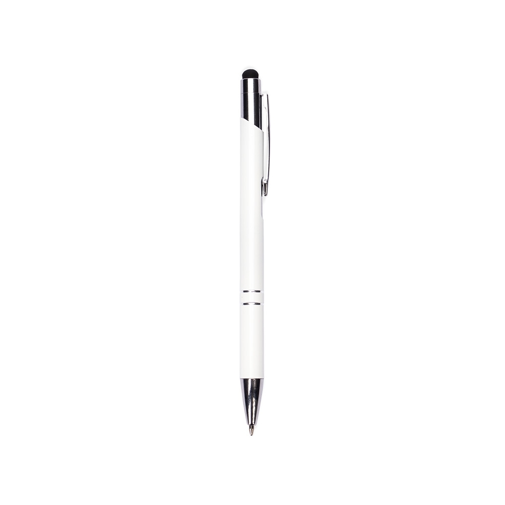 Caneta de metal touch fina com dois anéis e touch no topo na cor Branco, personalizada com a logo da empresa