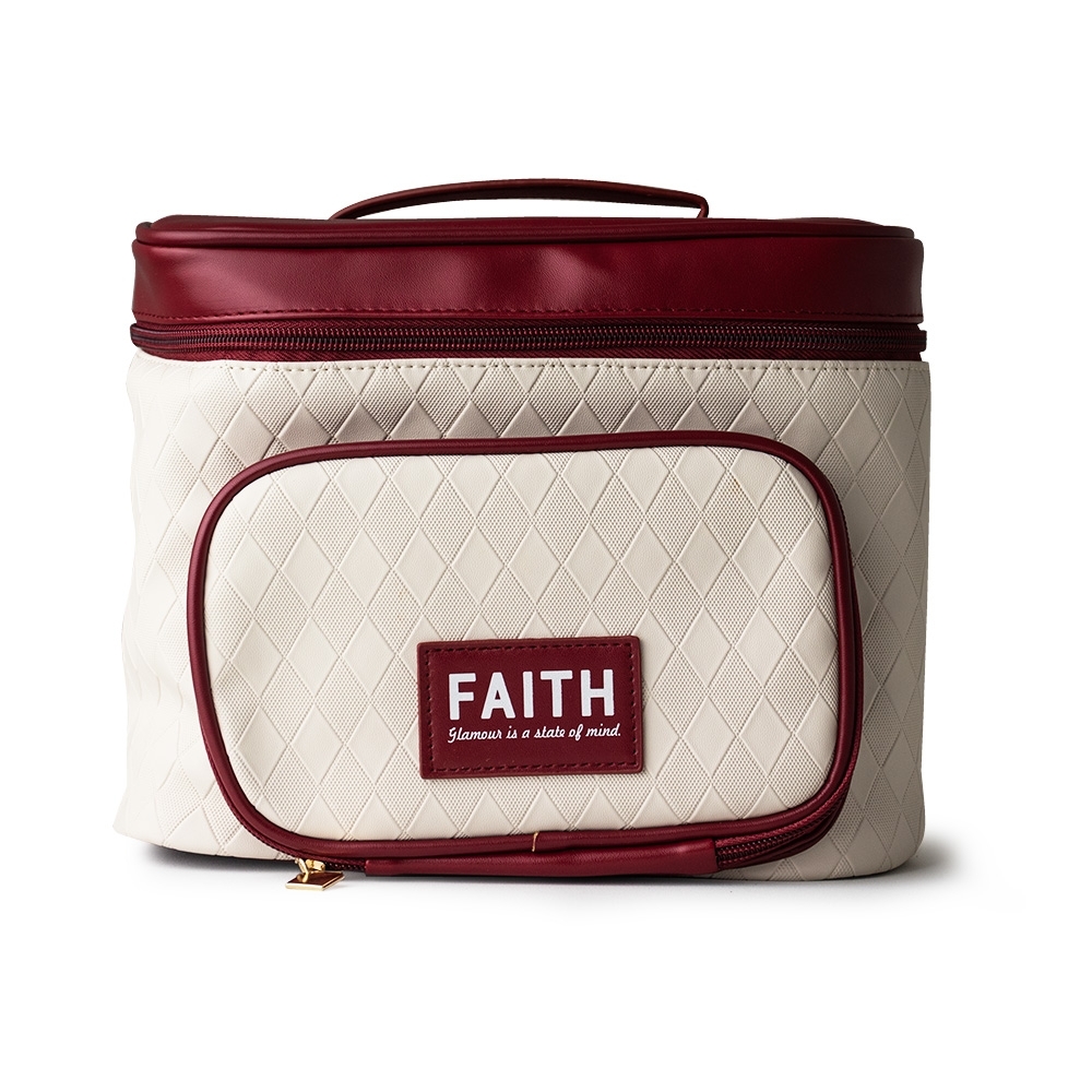 Nécessaire em couro sintético personalizada com a logo da empresa, na cor bege / vermelho