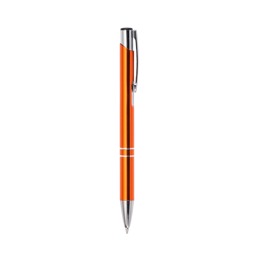 Caneta de metal fina com três anéis perto da ponta personalizada com a logo da empresa, na cor laranja / prata