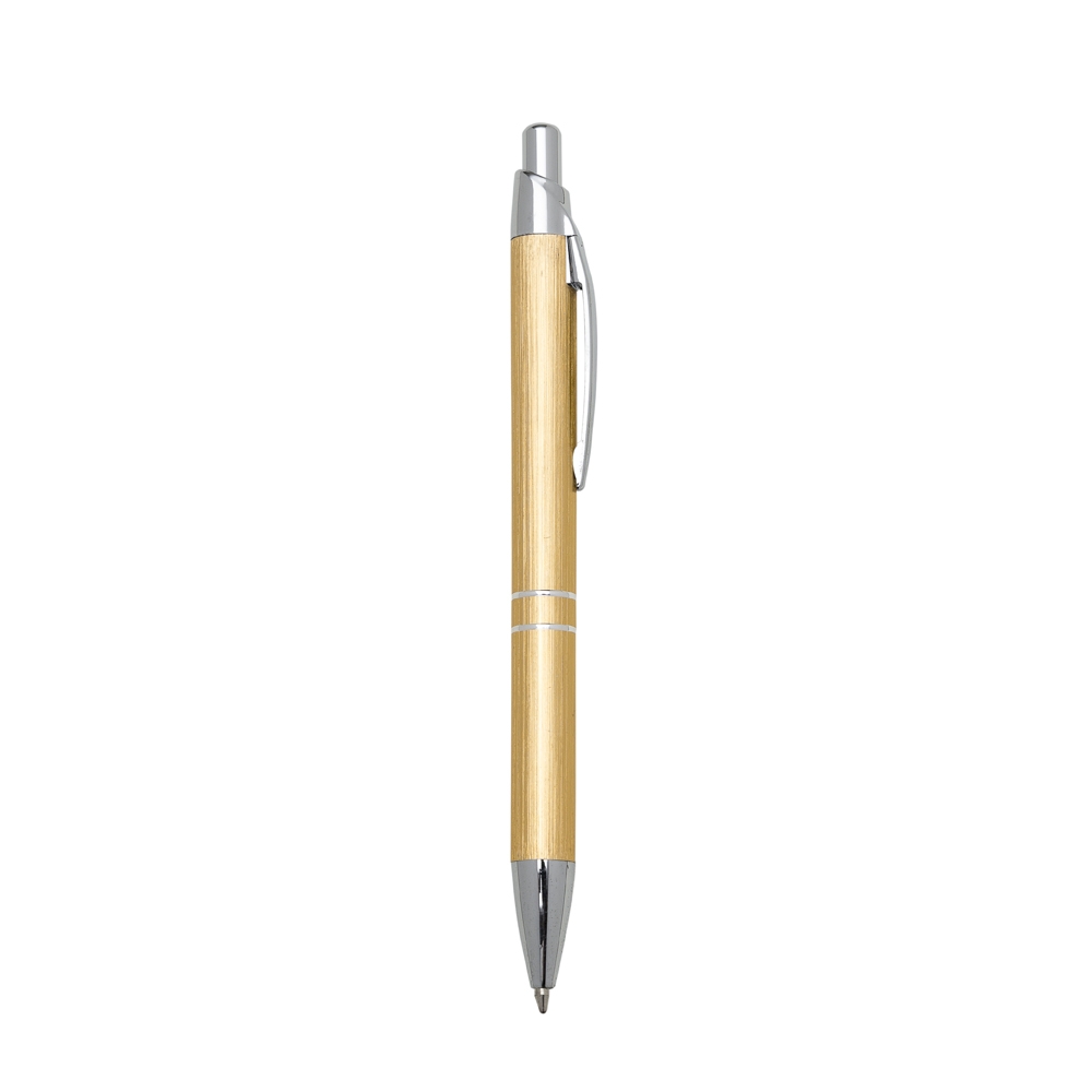 Caneta de metal com dois anéis no corpo e botão curto personalizada com a logo da empresa, na cor dourado