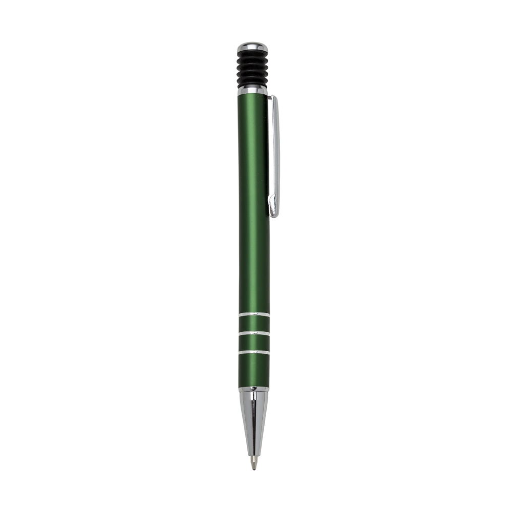 Caneta de metal com botão frisado e anéis na pega na cor Verde / Prata, personalizada com a logo da empresa