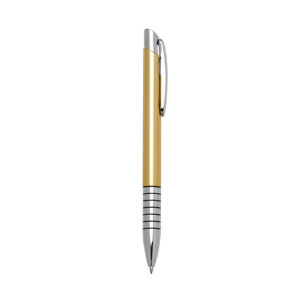 Caneta de metal com vários anéis na pega personalizada com a logo da empresa, na cor dourado