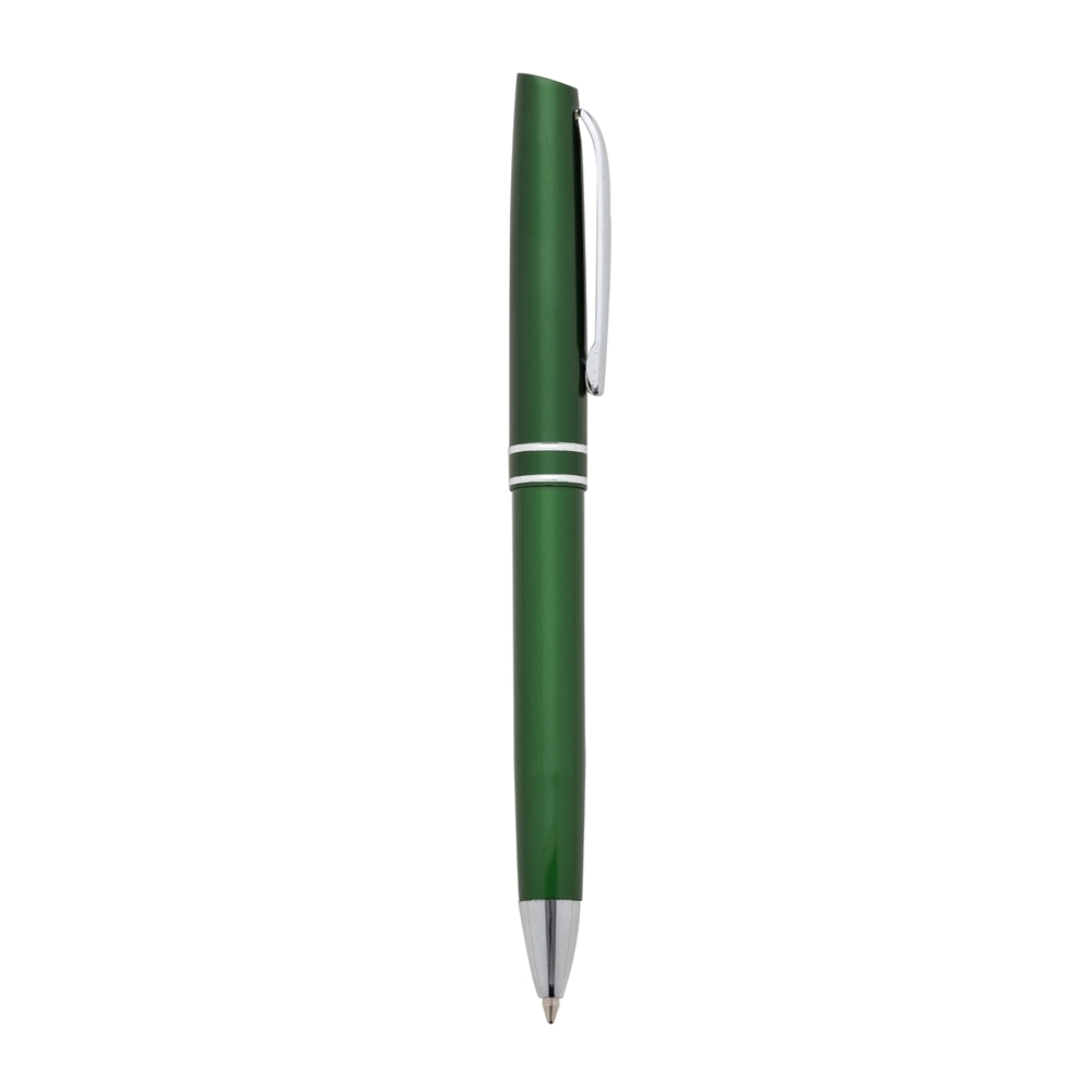 Caneta semimetal com anéis centrais e clipe cromado na cor Verde / Prata, personalizada com a logo da empresa