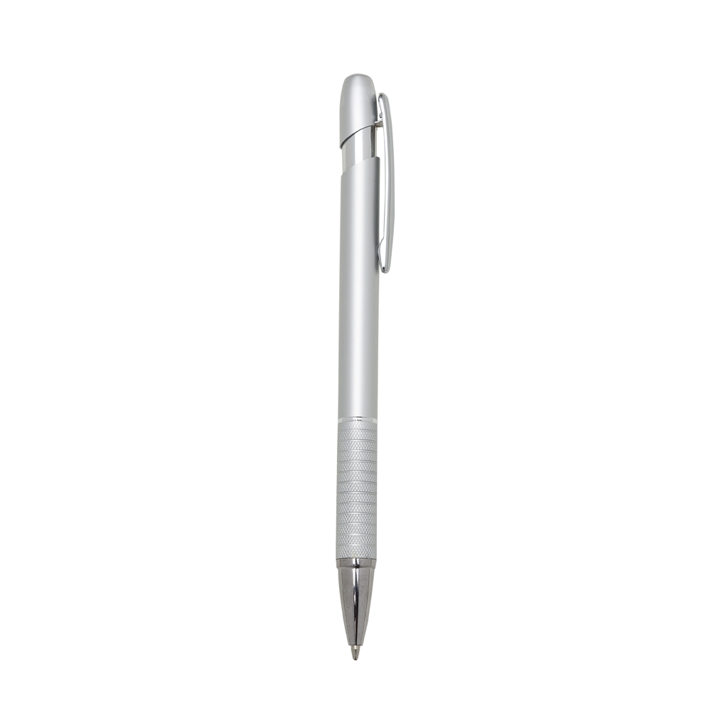 Caneta semimetal com pega frisada na cor Cromado, personalizada com a logo da empresa