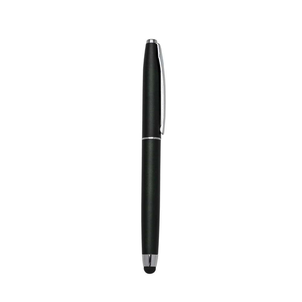 Caneta plástica touch com tampa na cor Preto / Prata, personalizada com a logo da empresa