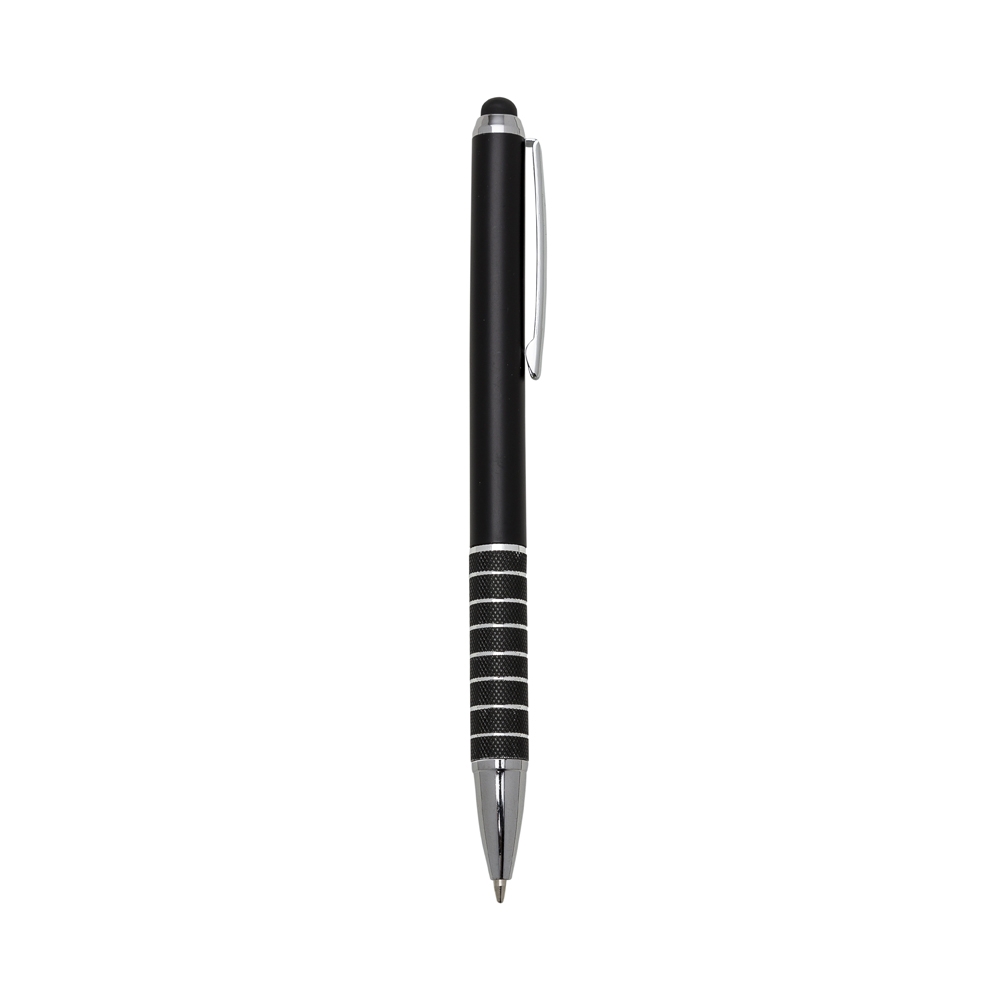Caneta plástica giratória com 7 aneis touch na cor Preto / Prata, personalizada com a logo da empresa