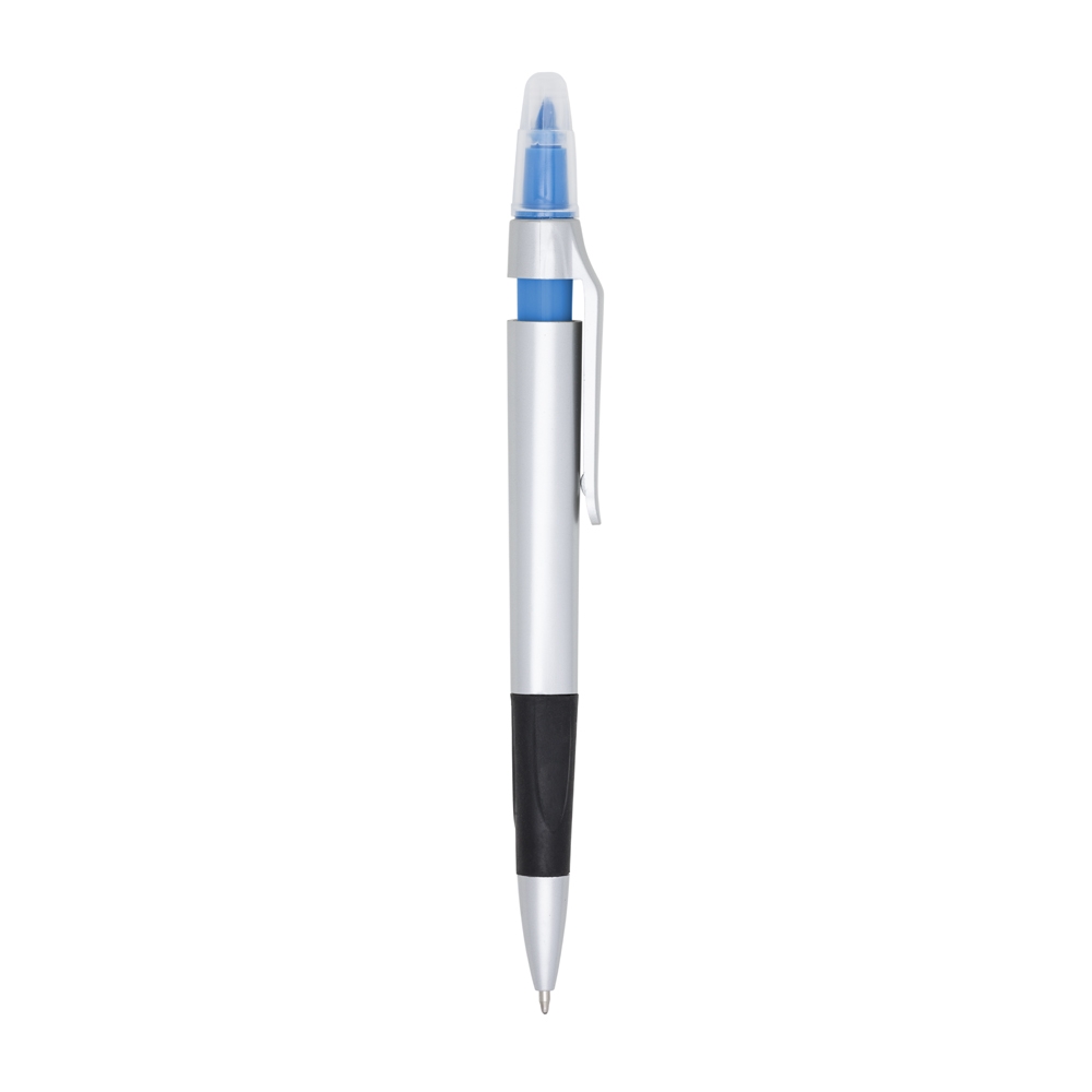 Caneta plástica com marca texto e detalhe emborrachado na cor Azul / Prata, personalizada com a logo da empresa