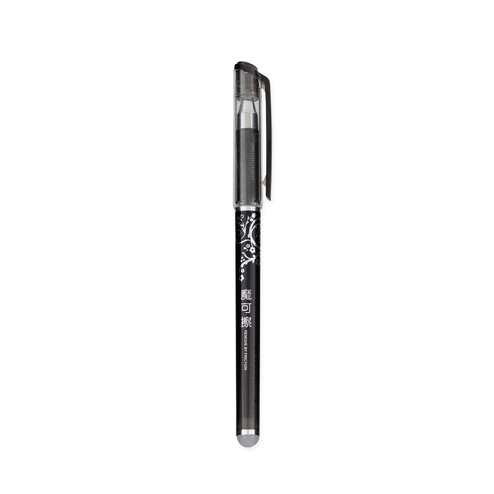 Caneta plástica com tampa e tinta gel apagável na cor Preto, personalizada com a logo da empresa