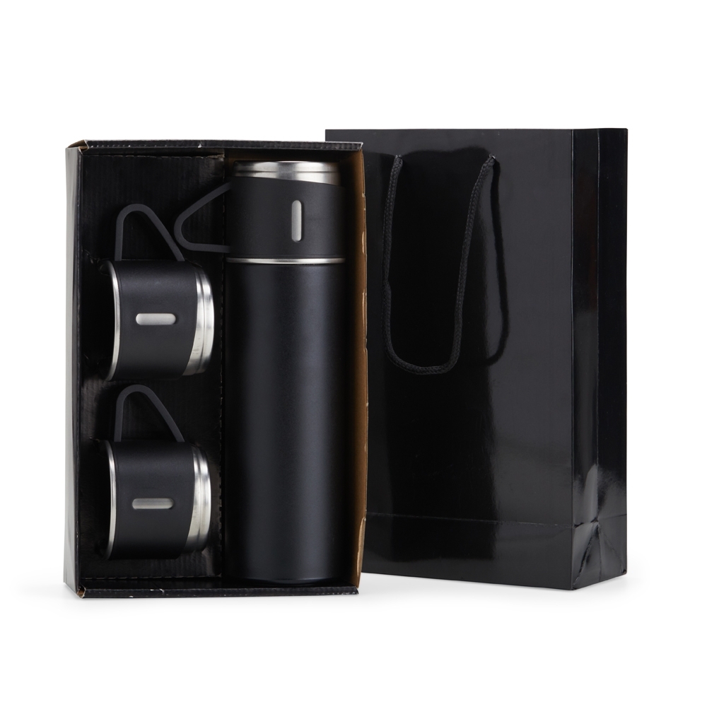 Kit garrafa térmica na cor Preto, personalizado com a logo da empresa