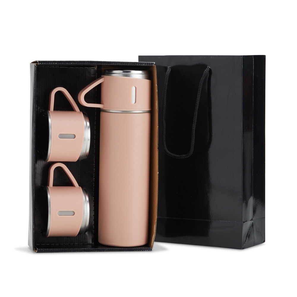 Kit garrafa térmica personalizado com a logo da empresa, na cor rosa