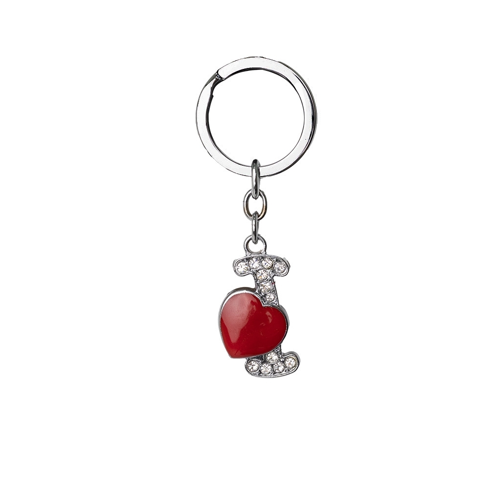 Chaveiro de metal letra I com coração e strass personalizado com a logo da empresa