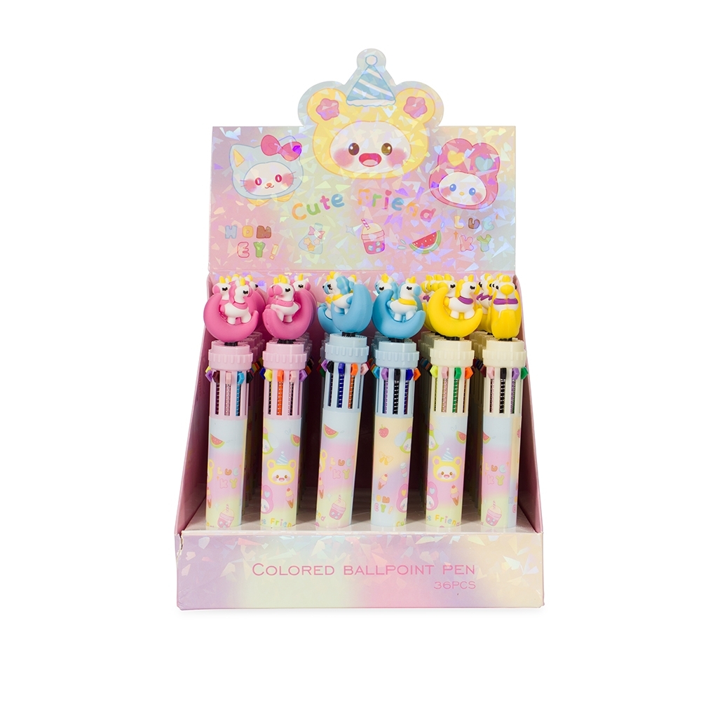 Caneta plástica unicórnio multicolor personalizada com a logo da empresa