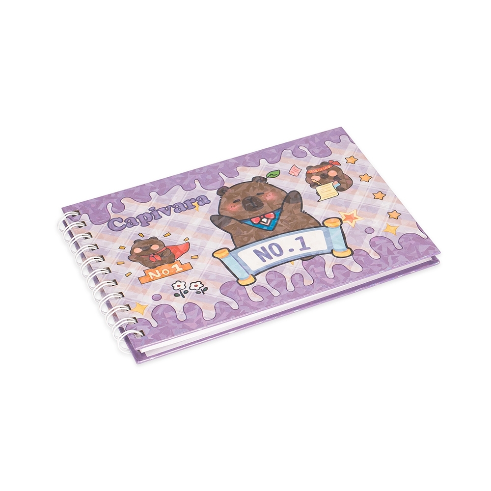 Caderno para colorir capivara com capa dura e espiral personalizado com a logo da empresa