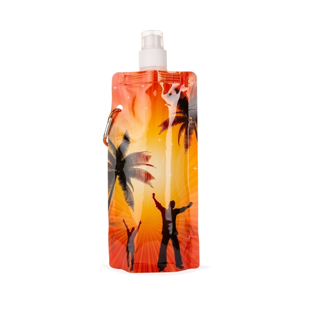 Squeeze coqueiro 450 ml de plástico com mosquetão na cor Laranja, personalizado com a logo da empresa